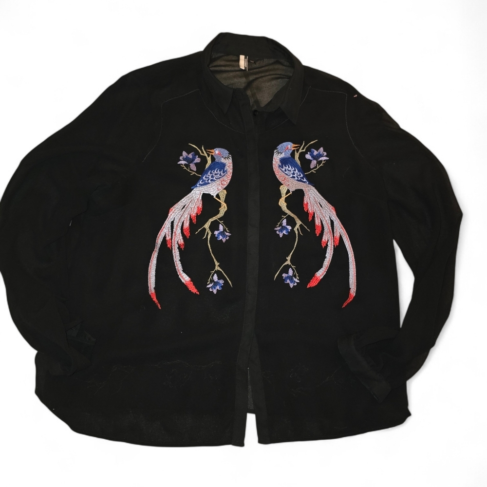 ​Topshop Sheer Black Blouse with Intricate Bird‎ Embroidery